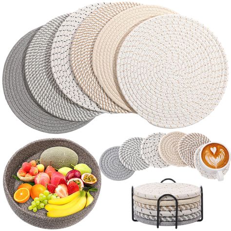 PRICES MAY VARY. You Will Receive: a total of 14 pcs, including 11.8 inch round handmade woven placemats set of 6 pcs, 4.3 inch drink coasters set of 6 pcs, and a black metal coaster holder and hand woven basket for the placemat coasters; Available in 8 styles, the woven cotton rope round placemats can be applied together to keep your placemat neat and organized, and is an essential accessory for any kitchen or dining room; The woven coasters suit glass cups, coffee cups, wine bottles, beverage Metal Coaster, Woven Coasters, Metal Coasters, Coasters With Holder, Round Placemats, Coaster Holder, Kitchen Table Decor, Woven Placemats, Hand Woven Baskets