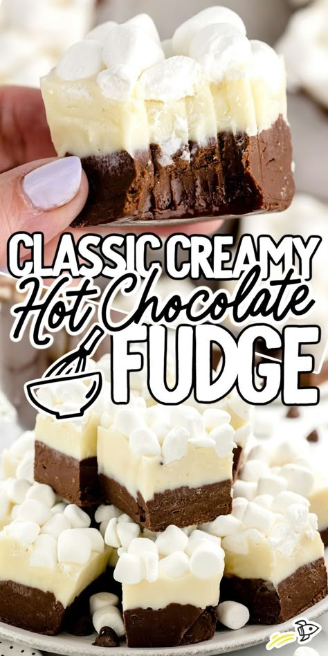 Hot Chocolate Fudge Hot Chocolate Fudge Recipe, Pecan Pie Cheesecake Recipe, Traditional Cheesecake, Marshmallow Fudge, Milk Chocolate Fudge, Classic Hot Chocolate, Hot Chocolate Fudge, Homemade Fudge Recipes, White Chocolate Fudge