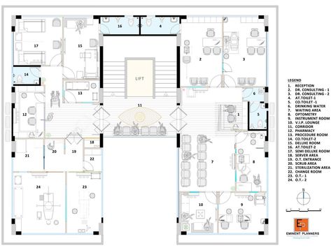 Eye Clinic Interior Design Plan, Eye Hospital Interior Design, Hospital Architecture Concept, Drawing Hospital, Lobby Plan, Hospital Plan, Presentation Drawing, Hospital Floor Plan, Children Hospital Design