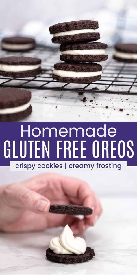 Homemade Gluten Free Oreos are so much better than what you’ll find in a store! This is an easy gluten free cookie recipe made with smooth and creamy vanilla icing sandwiched between crispy chocolate cookies. Gluten Free Oreo Recipe, Gluten Free Oreo Cookies, Crispy Chocolate Cookies, Gluten Free Cookie Recipe, Gluten Free Cookies Easy, Gluten Free Oreos, Homemade Oreo Cookies, Gluten Free Chocolate Cookies, Gluten Free Cookie