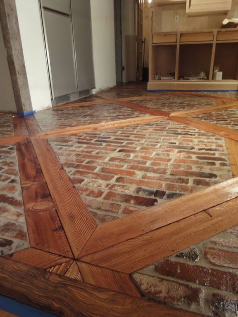 Sandblasted 2 x 4 and brick floor - awesome photos step by step! 1900 Farmhouse: March 2011 Brick Floor Kitchen, 1900 Farmhouse, Brick Floor, Brick Flooring, Best Flooring, Flooring Ideas, Wood Flooring, Floor Design, Kitchen Flooring