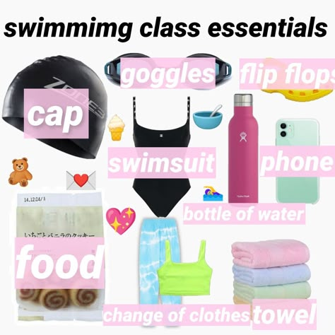 What To Put In Your Swim Bag, Swim Essentials Bag, Swim Class Essentials, What To Bring To A Swim Meet, Swimming Class Aesthetic, Swim Bag Essentials Competitive, Swim Meet Essentials, Swimming Bag Essentials, Swim Bag Essentials