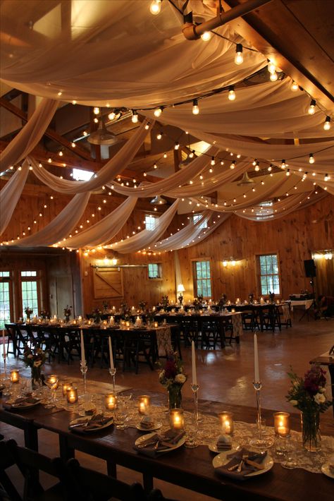 Fabrics and lights beautifully strung by Rain or Shine. Staging by @morethanamoment in our #weddingbarn the Celebration Barn #vermontweddings Barn Wedding Reception Ideas, Ideas With Fabric, Rustic Barn Wedding Reception, Wedding Ceiling, Barn Wedding Reception, Wedding Reception Ideas, Country Barn Weddings, Barn Wedding Decorations, Country Barn