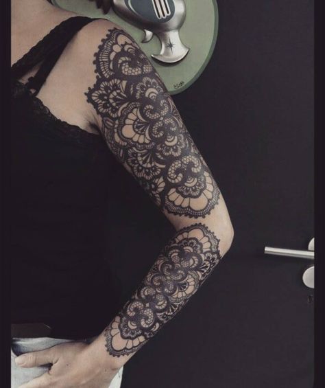 Lace Work Tattoo, Lace Half Sleeve Tattoo, Lace Cover Up Tattoo, Black Lace Sleeve Tattoo, Lace Tattoo Design Sleeve, Lace Shoulder Tattoos For Women Unique, Lace Sleeve Tattoos For Women, Lace Tattoo Design Vintage Arm, Lace Arm Tattoos For Women