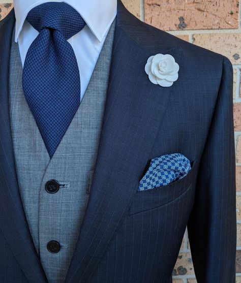 Dark Grey Suit Blue Tie, Blue Ties And Pocket Square For Groom, Navy Grey Suit, Navy Suit Waistcoat, Navy Suit Grey Waistcoat Wedding, Bespoke Blue Notch Lapel Suits, Father Of The Bride Attire, Navy Blue Suit Wedding, Wedding Suits For Bride