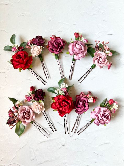 Flower hair comb, floral hair pins, bright wedding, colourful wedding, pink and red wedding, bridesmaid hairstyle, bridal hair Bridesmaid Hair Flowers, Bridesmaid Hairstyle, Hairstyle Bridal, Flower Wedding Ring, Bridesmaid Corsage, Wooden Wedding Ring, Flower Hair Pieces, Floral Hair Pins, Colourful Wedding