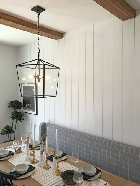 Vertical Panelling, Coastal Lounge, Vertical Shiplap, Shiplap Paneling, Shiplap Kitchen, Interior Design Dining, Glen Arbor, Green Apartment, Shiplap Accent Wall