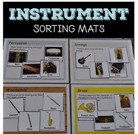 Check out this hands-on sorting activity that will help your students learn the differences between four families of musical instruments (woodwinds, brass, percussion, strings). There are four instruments included for each family and each mat contains the main characteristics of the family. Your students will enjoy the colorful photos and you will enjoy using them over and over again. Music Activities For Kids, Instrument Families, Slp Materials, Colorful Photos, Sorting Mats, Homeschool Music, Brass Instrument, Woodwind Instruments, Preschool Music