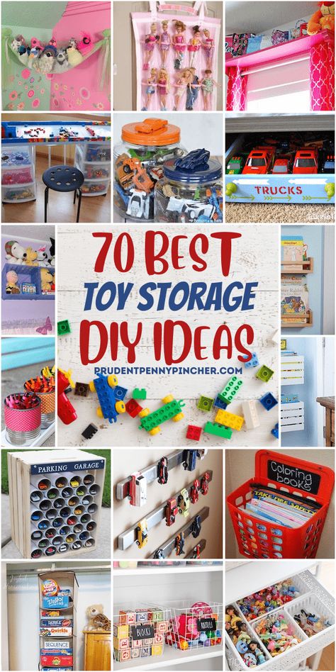 Eliminate clutter by organizing kids' toys on a budget with these cheap and easy toy storage ideas. From DIY stuffed animal organization to lego organization ideas, there are plenty of creative DIY storage ideas to choose from. Whether you are looking to organize small toys or big toys, there are ideas for all types of toys. There are ideas for a playroom, living room, kids' room, bedroom, and more that will help you declutter your home. Shelves In Toy Room, Toy Storage Cheap, Hotwheels Storage Diy, Children’s Toy Storage, Hot Wheels Organization Ideas, Kids Storage Ideas For Toys, Hot Wheels Storage Ideas Diy, Toy Storage Ideas For Small Spaces, Toys Organization Ideas Small Spaces