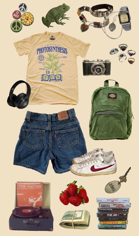 Basic Retro Outfits, Casual Summer Grunge Outfits, Spring Skater Outfits, Summer Core Outfits, Summer Outfits Granola, Downtown Summer Outfits, Retro Aesthetic Outfit, Woods Outfit, Mine Aesthetic