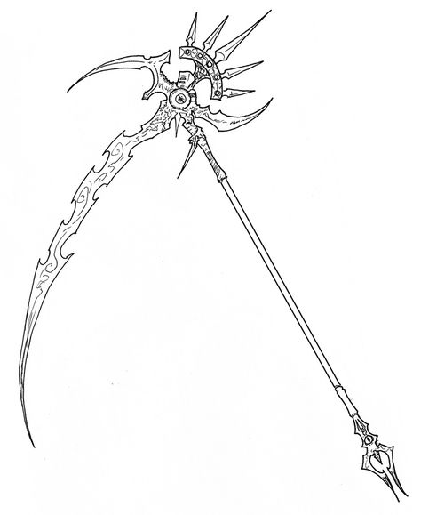 Cool Scythe Drawing, White Scythe Design, Scythe Designs Drawing, Cybersigil Art, Scythe Sketch, Scythe Character Design, Scythe Drawing Reference, Scythe Drawing, Belongings For Dr