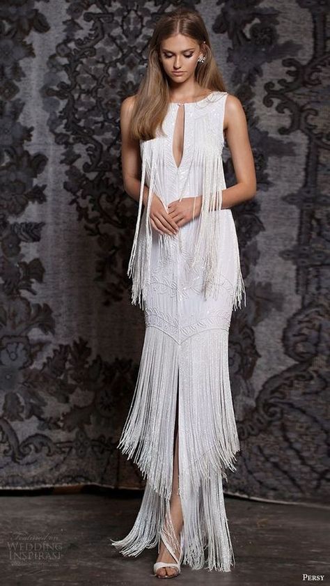 27 Playful Fringe Wedding Dresses | HappyWedd.com #PinoftheDay #playful #fringe #wedding #dress #WeddingDress Fringe Wedding Dresses, Fringe Wedding Dress, 2016 Wedding Dresses, Trumpet Wedding Dress, Wedding Reception Dress, Bohemian Bride, Classic Wedding Dress, Bohemian Wedding Dresses, Fringe Dress