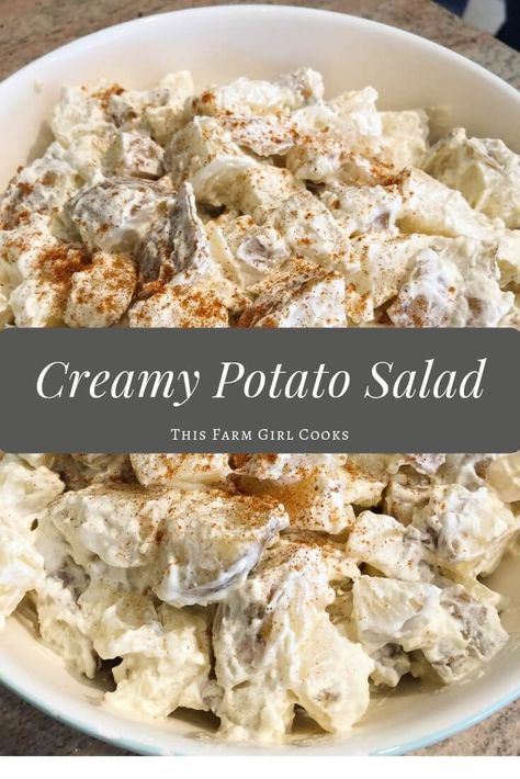 This easy version of creamy potato salad recipe is a traditional style salad, made with mayonnaise and a little sour cream and the perfect blend of spices! Better yet, the potatoes don't need to be peeled! #potatosalad #summerrecipe Creamy Potato Salad Recipe, Sour Cream Potato Salad, Easy Potato Salad Recipe, Traditional Potato Salad Recipe, Traditional Potato Salad, Field Meals, Potato Salad Dressing, Potato Salad Recipe Easy, Easy Potato Salad