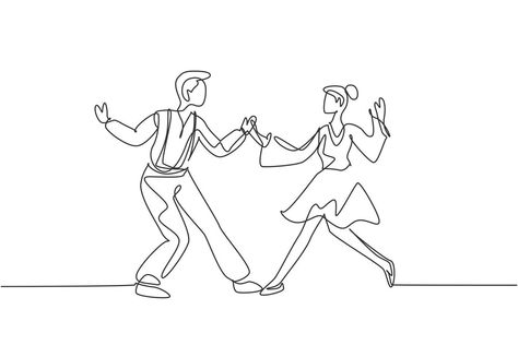 Continuous one line drawing man and woman dancing Lindy hop or Swing together. Male and female characters performing dance at school or party. Single line draw design vector graphic illustration People Dancing Drawing, Dance Illustration Art, Dancing Drawing Reference, Man And Woman Dancing, Rock And Roll Dance, Dancer Tattoo, Dance Cards, Dancing Drawing, Dance Tattoo