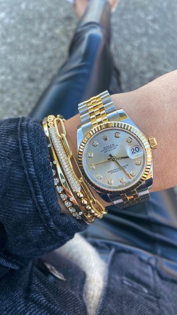 Rolex Stack, Watch Stack, Gold Pictures, Arm Stack, Rolex Bracelet, Wrist Stack, Pretty Watches, Gold Jewels Design, Wrist Stacks