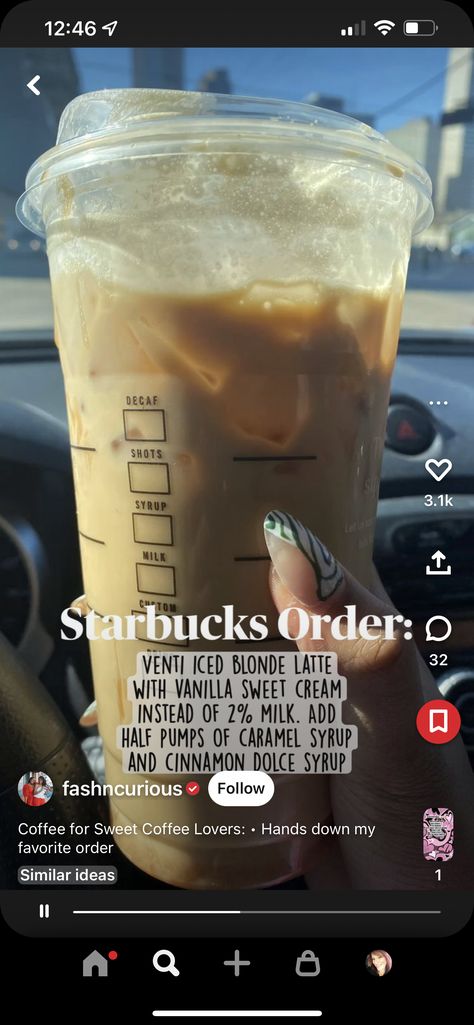 Dunkin Orders, Cinnamon Dolce Syrup, Starbucks Order, Black Halloween Nails, Cinnamon Dolce, Ice Blonde, How To Order Starbucks, Sweet Coffee, Caramel Syrup