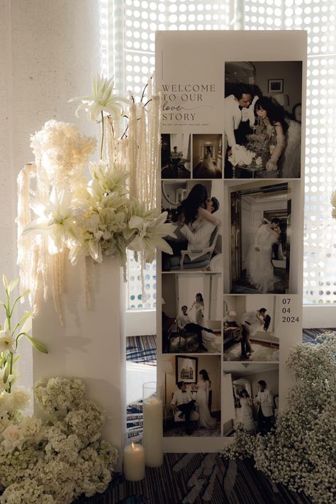 Photo Corner Wedding Decoration, Photos For Wedding Display, Negative Space Wedding Decor, Room Divider Photo Display, Wedding Photo Stand Ideas, Backdrop Ideas Engagement, Gallery Wall Ideas Wedding Photos, Large Wedding Photo Display, Roka Backdrop Ideas