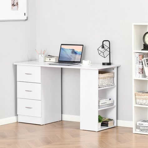 White Desk With Drawers, White Office Furniture, Modern Bureau, Open Bookshelves, Home Office Computer Desk, Pc Table, Pc Desk, Office Computer Desk, Mobile Tv