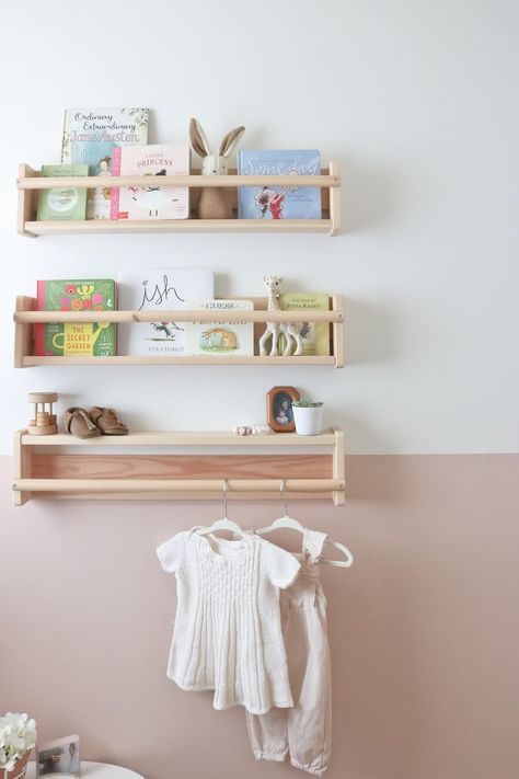 baby girl nursery, nursery reveal, pink nursery, modern baby nursery, Ikea bookshelves Modern Baby Nursery, Dress Up Storage, Ikea Nursery, Nursery Bookshelf, Ikea Bookshelves, Nursery Shelves, Girl Nursery Room, Baby Room Design, Nursery Baby Room