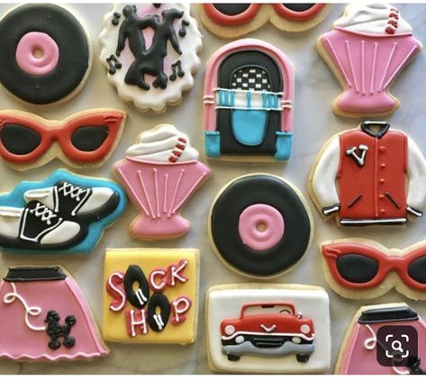 60s Cookies, Retro Cookies, Birthday Party Sweet 16, Grease Theme, Fifties Party, 50s Theme, 50s Theme Parties, Sock Hop Party, Music Theme Birthday