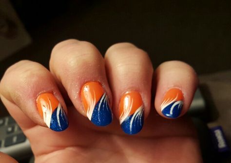 Broncos nails Gator Football Nails, Boise State Nails, Edmonton Oilers Nails, Astros Nail Designs, Oilers Nails, Orange And Blue Nails Design, Astros Nails, Chicago Bears Nails, Auburn Nails