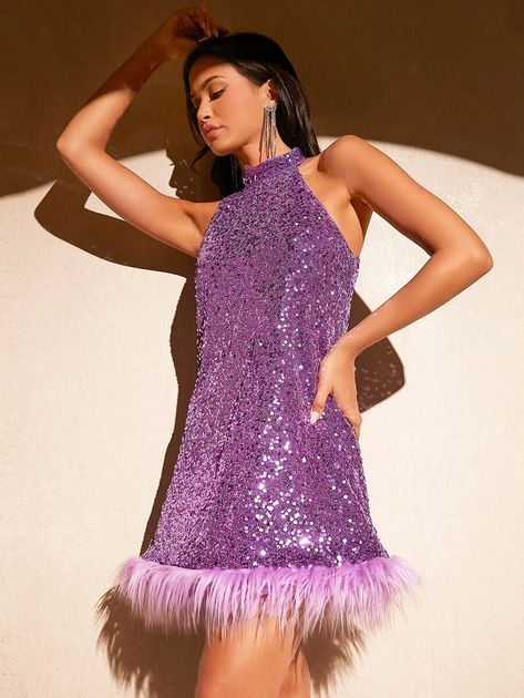 SHEIN Fuzzy Trim Sequin Halter Dress | SHEIN USA Disco Party Outfit, Mode Purple, Sequin Halter Dress, Taylor Swift Party, Party Pattern, Taylor Swift Tour Outfits, Purple Style, Purple Dresses, Sequin Halter