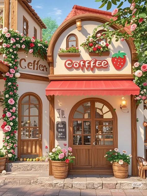 Small Cafe Design Exterior, Kawaii Cafe Aesthetic, Aesthetic Bakery Exterior, Aesthetic Cafe Exterior, Coquette Bakery Exterior, Kawaii Cafe Exterior, Japanese Cafe Aesthetic Exterior, Zepeto House Background, Kawaii Cafe