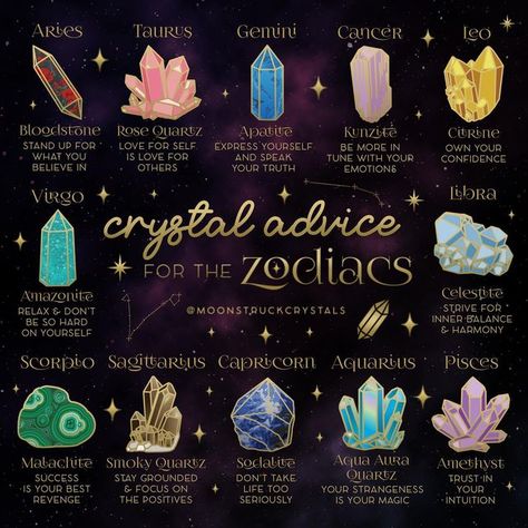 moonstruck crystals ™ on Instagram: "what’s your zodiac sign??✨ bookmark & share with a fellow crystal lover!💜 had this idea to make a lil infographic design of general life advice for the zodiacs. each zodiac sign is paired with a crystal that would help based on their properties😸 (this is not intended to be about birthstones) i’m so terrible at explaining what goes on in my brain but hopefully this makes sense😹" Crystal Guide, Energy Healing Spirituality, Aqua Aura, Zodiac Posts, Crystal Healing Stones, Crystal Magic, Zodiac Capricorn, Crystal Grid, Zodiac Facts