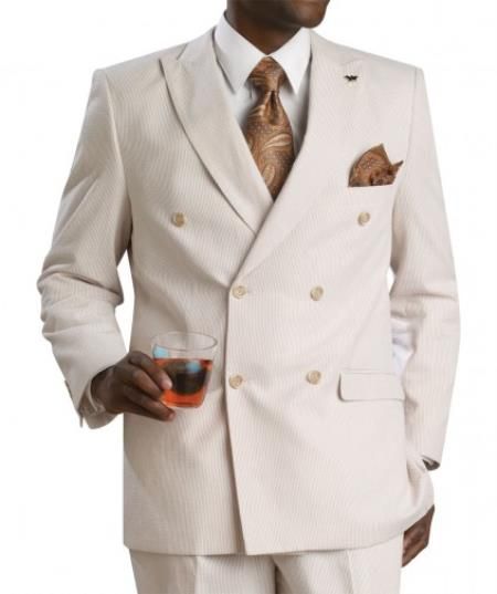 Sober and decent mens double breasted seersucker suit for men available in tan/beige color. Beige Suits For Men, Suit Double Breasted, Beige Suit, Seer Sucker, Light Blue Sky, Zoot Suit, Seersucker Suit, Purple Suits, Beige Suits