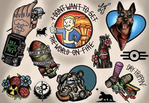 fallout tats Fallout Tattoo Ideas, Fallout 4 Tattoos, Newschool Tattoos, Fallout Tattoo, Skyrim Armor, Video Game Tattoos, Vegas Tattoo, Gamer Tattoos, Fallout Concept Art