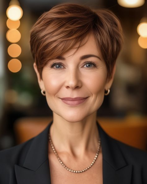 Stylish Copper Brown Pixie haircut, pixie haircut for women over 50 Chestnut Brown Pixie Hair, Dark Brown Pixie Haircut, Brown Pixie Haircut, Haircuts For Over 50, Brown Pixie Hair, Haircut For Women Over 50, Pixie Haircut For Women, Brown Pixie, Haircut Pixie