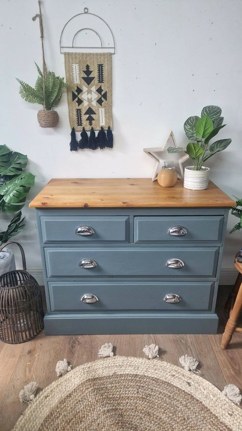 Chest Of Drawers Upcycle, Pine Furniture Makeover, Chest Of Drawers Makeover, Blue Chest Of Drawers, Osmo Oil, Blue Drawers, Pine Chest Of Drawers, Blue Pine, Pine Chests