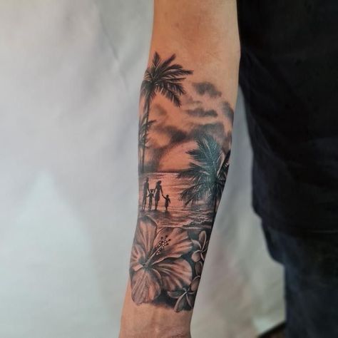 Tropical Sleeve Tattoo Men, Mens Flower Tattoo Forearm, Palm Tree Tattoo Forearm, Tropical Arm Sleeve Tattoo, Tropical Tattoo For Men, Simple Forearm Tattoo Men, Florida Tattoo Ideas For Men, Beach Related Tattoos, Beach Tattoo For Men