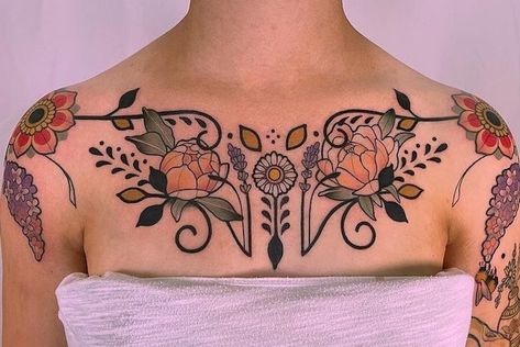 Tattoo Ideas Art Nouveau, Folk Chest Tattoo, Fern Chest Tattoo Female, Art Nouveau Graphics, Art Deco Tattoo Sleeve, Art Nouveau Tattoos, Art Nouveau Tattoo Woman, Botanical Chest Tattoo, Art Neauveau Tattoos