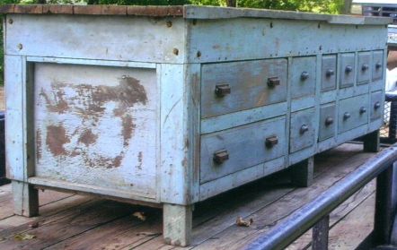 Great new...er old workbench or kitchen island.  8ft long by 36" wide by 35" high Antique Dresser Island, Old Store Counter Kitchen Island, Antique Narrow Kitchen Island, Old Workbench Kitchen Island, Industrial Kitchen Island On Casters, 1900 House, Workbench Ideas, Cheap Ideas, Island Table