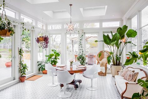 How To: Filling Your Sunroom With Indoor Plants That Will Actually Thrive Sunroom With Plants, Modern Sunroom, Easy Home Improvement, Decorating Bookshelves, Farmhouse Side Table, New Interior Design, Houseplants Indoor, Interior Plants, Outdoor Living Areas