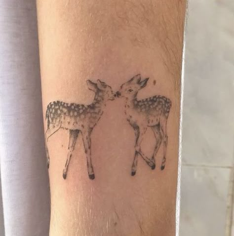 Sleeping Tattoo, Dark Academia Tattoo, Deer Sleeping, Fawn Tattoo, Doe Tattoo, Matching Best Friend Tattoos, Bunny Tattoos, Deer Tattoo, Best Friend Tattoos