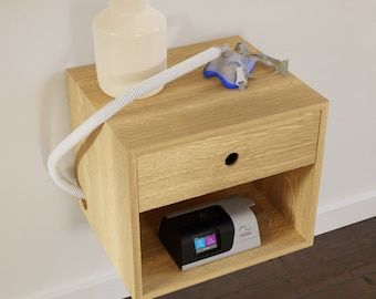 Cpap Nightstand Ideas, Cpap Machine Storage, Cpap Nightstand, Trailer Hacks, White Oak Furniture, Rough Sawn Lumber, Maple Furniture, Floating Bedside Table, Cherry Furniture