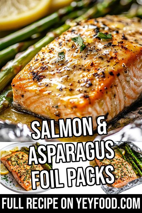 Salmon & Asparagus Foil Packs - Yeyfood.com: Recipes, cooking tips, and kitchen hacks for home cooks of all levels Salmon Asparagus Foil, Cinnamon Bread Easy, Salmon Asparagus, Pumpkin Crisp, Low Calorie Vegetables, Salmon In Foil, Foil Pack Meals, Foil Packs, Salmon And Asparagus