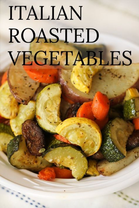 Easy Italian Roasted Vegetables Oven Baked Veggies, Italian Roasted Vegetables, Roasted Vegetables Oven, Vegetable Recipe, Vegetable Side Dish, Italian Roast, Baked Veggies, Six Sisters Stuff, Roasted Vegetable Recipes