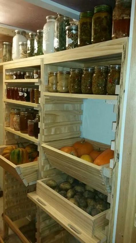 Canning Supply Storage, Root Cellar Storage Ideas, Canning Ring Storage, Canning Storage Ideas, Prepped Pantry, Water Bottle Storage Ideas, Cabin Pantry, Bottle Storage Ideas, Canning Shelf