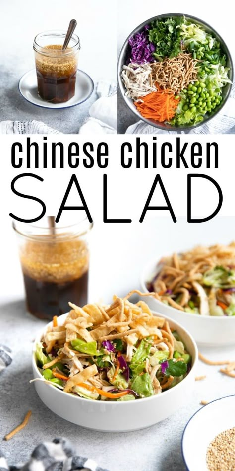 This Chinese Chicken Salad is fresh, crisp, crunchy, and a million times healthier and more delicious than your favorite restaurant. Made with juicy shredded chicken, fried wontons, mixed greens, and the very best homemade Asian sesame vinaigrette, enjoy this easy chicken salad as a satisfying lunch or light and refreshing dinner. Health Nut Chinese Chicken Salad, Chinese Chicken Salad Healthy, Chinese Chicken Salad Dressing Recipe, Chinese Salad Recipes, Chinese Chicken Salad Dressing, Easy Stuff To Make, Refreshing Dinner, Asian Chicken Salad Recipe, Juicy Shredded Chicken