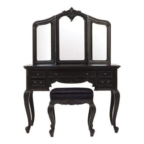 Rococo Noir Dressing Table & Stool (845 CAD) ❤ liked on Polyvore featuring home, furniture, stools, mahogany furniture, painted furniture, rococo style furniture and rococo furniture Black Dressing Table, French Style Bedroom Furniture, Black Dressing Tables, French Style Bedroom, Rococo Furniture, Dressing Table Stool, Comfy Living Room Furniture, Chic Dressing, Wrought Iron Patio Chairs