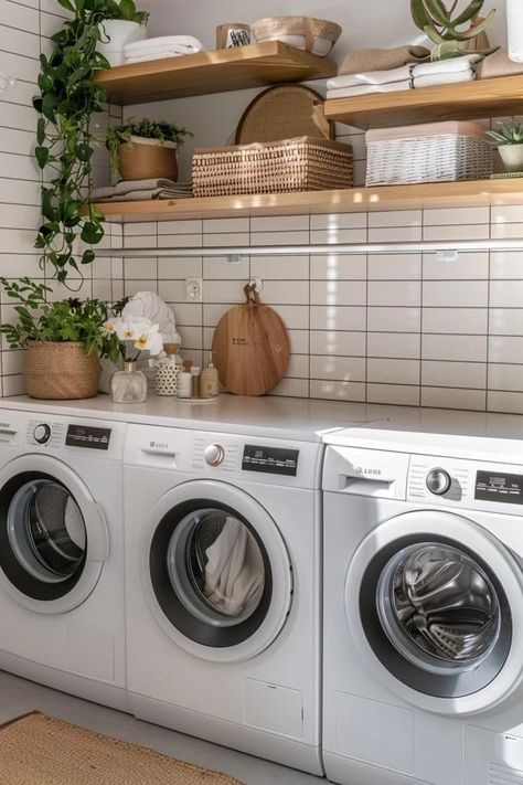 Efficient Kitchen Laundry Room Ideas to Inspire Earthy Laundry Room, Boho Laundry Room, Diy Laundry Room Cabinets, Boho Laundry, Diy Shower Door, Efficient Kitchen, Pantry Laundry, Space Saving Hacks, Basement Laundry Room