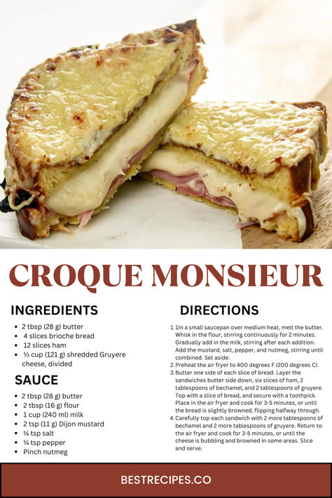 When you spread gruyere cheese and Dijon bechamel sauce on a ham sandwich, what do you get? This sandwich. It may sound crazy to those who have never heard of it, but this traditional French sandwich is amazing! Moreover, it becomes a Croque Madame if you top it with a fried egg! | croque monsieur | croque monsieur recipe | croque monsieur recipes easy | air fryer recipes | sandwiches recipes | lunch recipes | healthy lunch ideas Croque Monsieur Recipe Easy, Easy Ham Sandwiches, Croque Madame Recipe, Lunch Sandwich Recipes, French Sandwich, Recipes Sandwiches, Sandwiches Recipes, Ham Sandwich, Advertising Tips