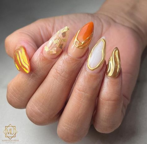 Orange And Gold Nails, Gold Nails Ideas, Teen Nails, Nails For Summer, Color For Nails, Art Deco Nails, Gelish Nails, Simple Gel Nails, Golden Goddess