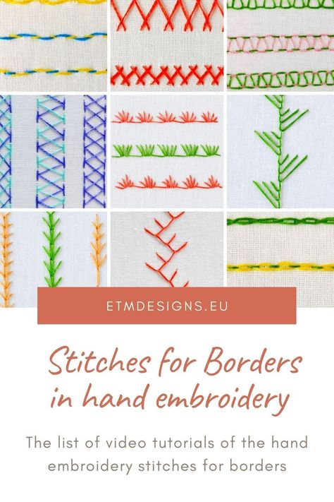 Stitches for borders in hand embroidery create an embroidered pattern that runs lengthwise along the edge of the fabric or a garment. Usually, we use stitches for borders to decorate clothes and tableware. However, it is common to use border designs in quilting too. Click to find a list of video tutorials of the stitches for borders in the alphabetic order or Pin for later! Embroidery Edging Stitches, Embroidery Edge Stitches, Embroidery Border Patterns, Hand Embroidery Border Designs, Threaded Running Stitch, Types Of Embroidery Stitches, Decorate Clothes, Embroidery Hoop Art Diy, Embroidery Stitches Beginner