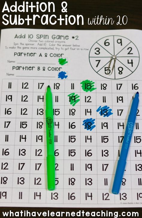 A fun partner game to add 10. Students spin the spinner, add 10 and color in the square. Make it more challenging by requiring students to get four-in-a-row. Addition And Subtraction Within 20, Subtraction Within 20, Numbers To 20, Subtraction Games, Math Fluency, Math Intervention, Make 10, Second Grade Math, Math Addition