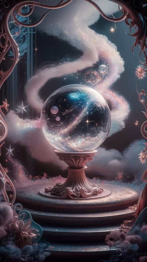 Explore a mesmerizing digital illustration of a crystal ball perched on a beautifully carved pedestal, surrounded by swirling mist and sparkling stars. This enchanting scene, framed by intricate Art Nouveau designs, features soft iridescent lighting that creates a dreamy atmosphere. Dive into the mystery and magic of unseen worlds reflected in the orb. Perfect for fans of fantasy art, digital illustrations, and celestial decor. Dream Magic Art, Iridescent Lighting, Magic Orb, Nouveau Illustration, Celestial Decor, Dreamy Atmosphere, Intricate Art, Art Nouveau Illustration, The Orb