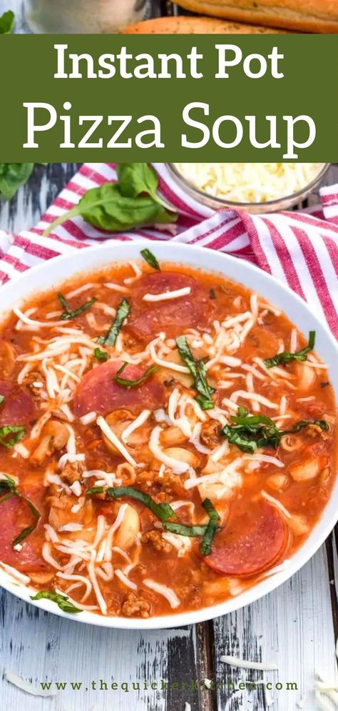 Pizza soup is a delicious way to take your favorite pizza flavors and turn them into a cozy soup. Thanks to the Instant Pot, this is a dump and go recipe that your whole family will love! View this super easy recipe at thequickerkitchen.com. Instant Pot Pizza, Soup Instant Pot, Pizza Soup, Cozy Soup, Soup In A Jar, Elbow Pasta, Pizza Fries, Instant Pot Recipe, Hot Sausage